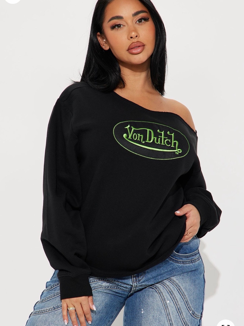 Von Dutch Black Off-Shoulder Sweatshirt with Neon Green Logo Embroidery